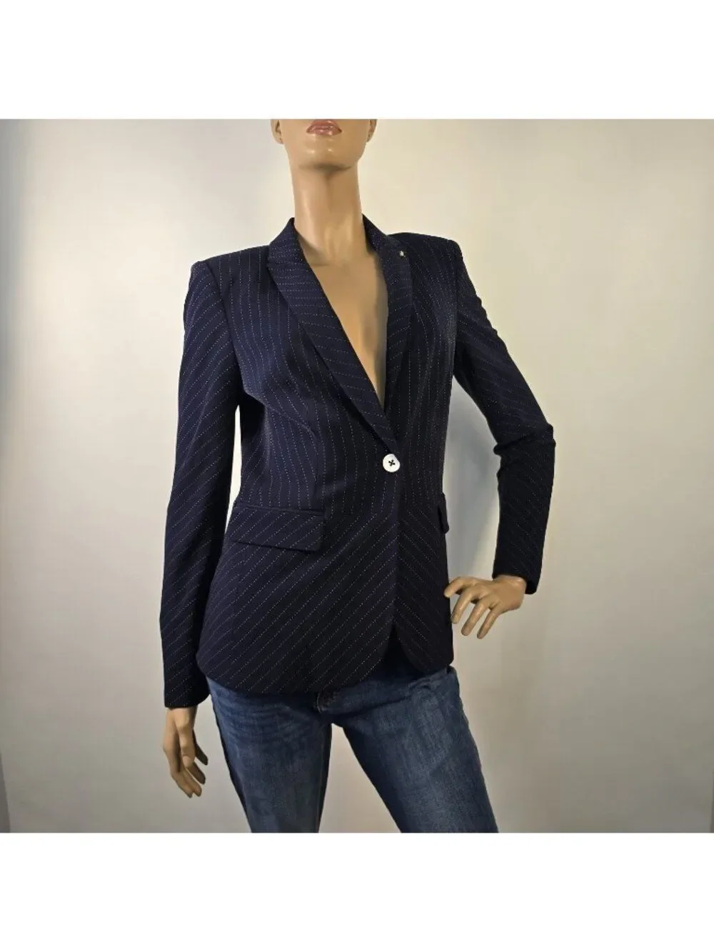 Tommy Hilfiger Blazer Jacket Classic Navy Blue Pinstripe 1 Button Front Sz 4
